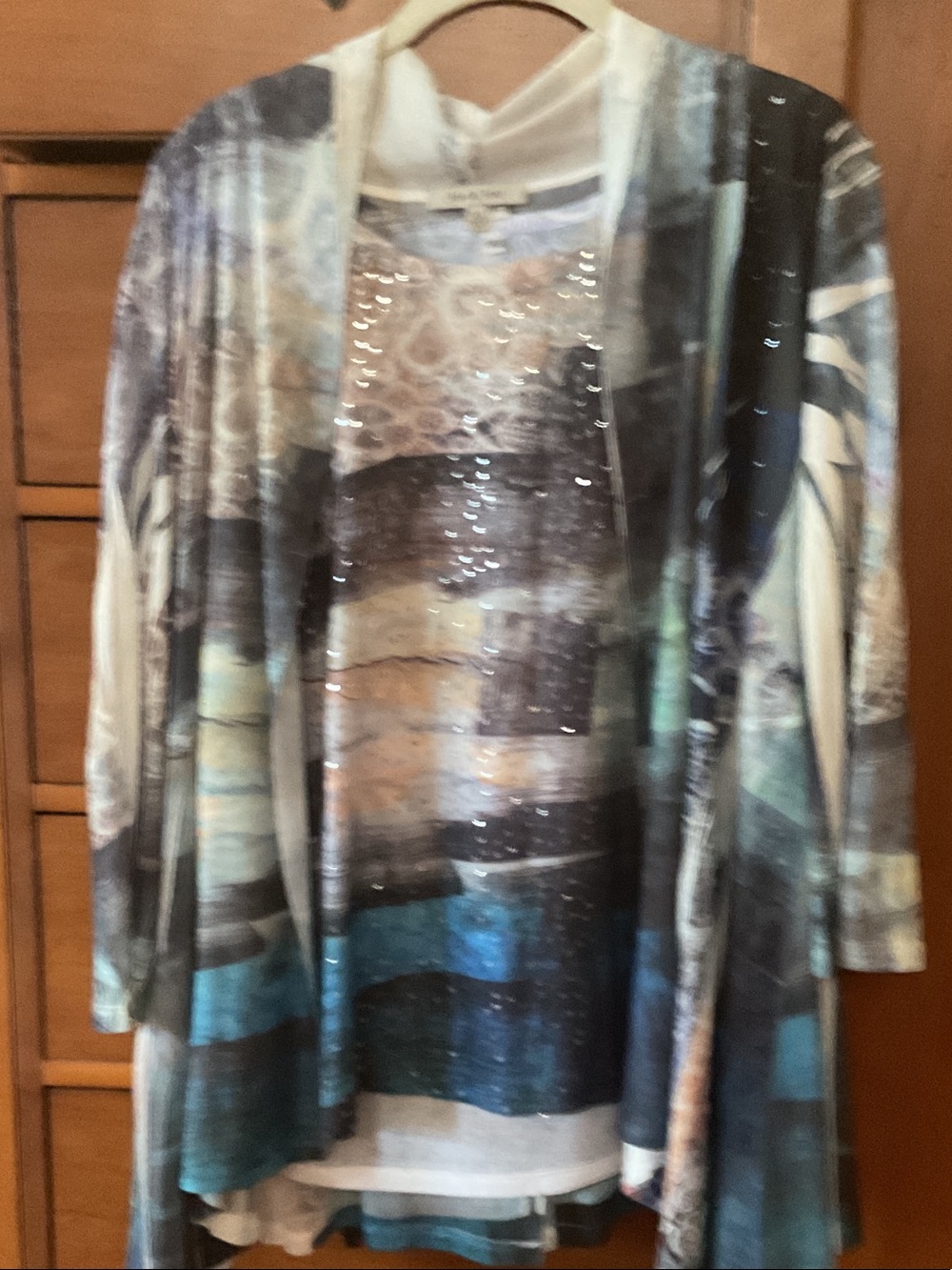 Open-Front Printed Cardigan Sweater in Blue, Gray & Cream, 2 piece!